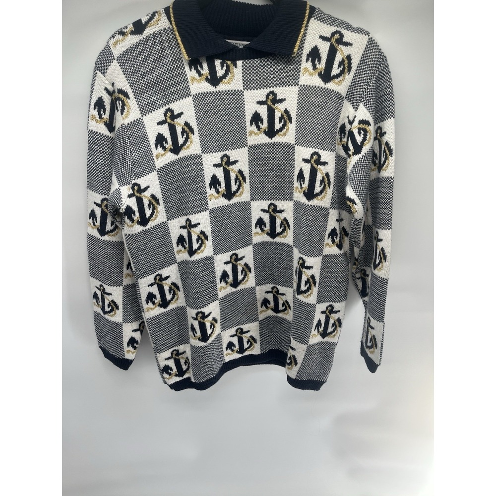 vintage Alfred Dunner women's collared sweater nautical checkerboard pattern‎ Mp